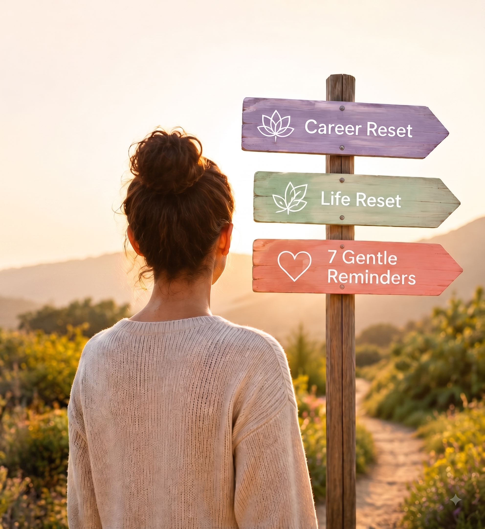 life-career-quiz - finding your happy Back of a person facing a wooden signpost reading'Career Reset' in a sunlit field.